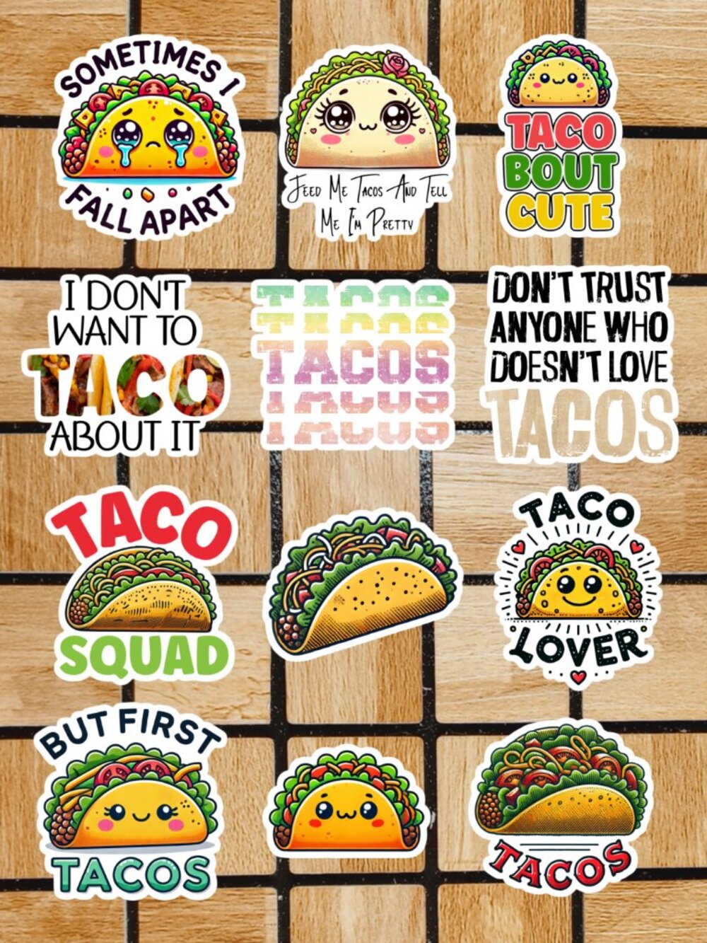 Funny Taco Sticker Pack of 12 Vinyl Stickers Waterproof Die Cut Sticker Set